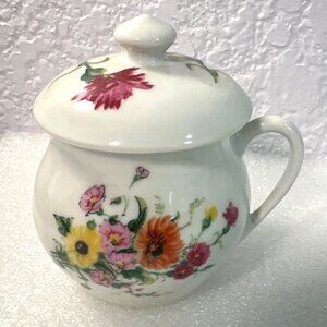 Vintage Porcelain Bouillon Cup Bowl With‎ Lid Hand Painted Floral France SEE